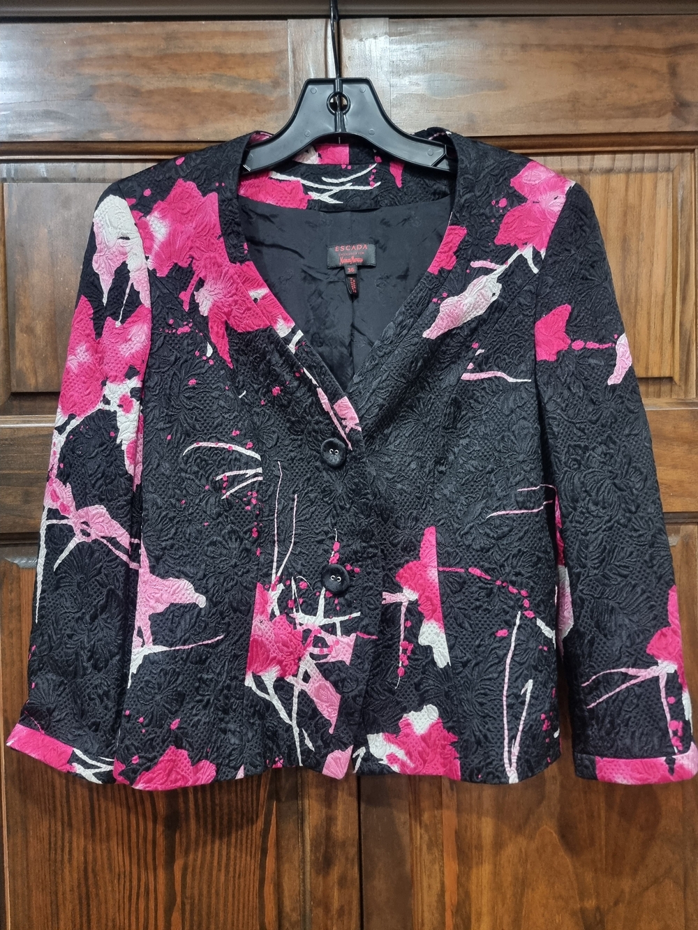 Escada Black Blazer with Hot Pink Floral Print Exclusive For Neiman Marcus  36